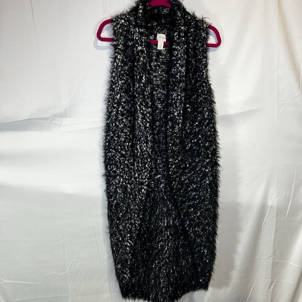 Chico's Size 2 Large Vest Cardigan Black White Tunic Sweater Boho Mod Artsy